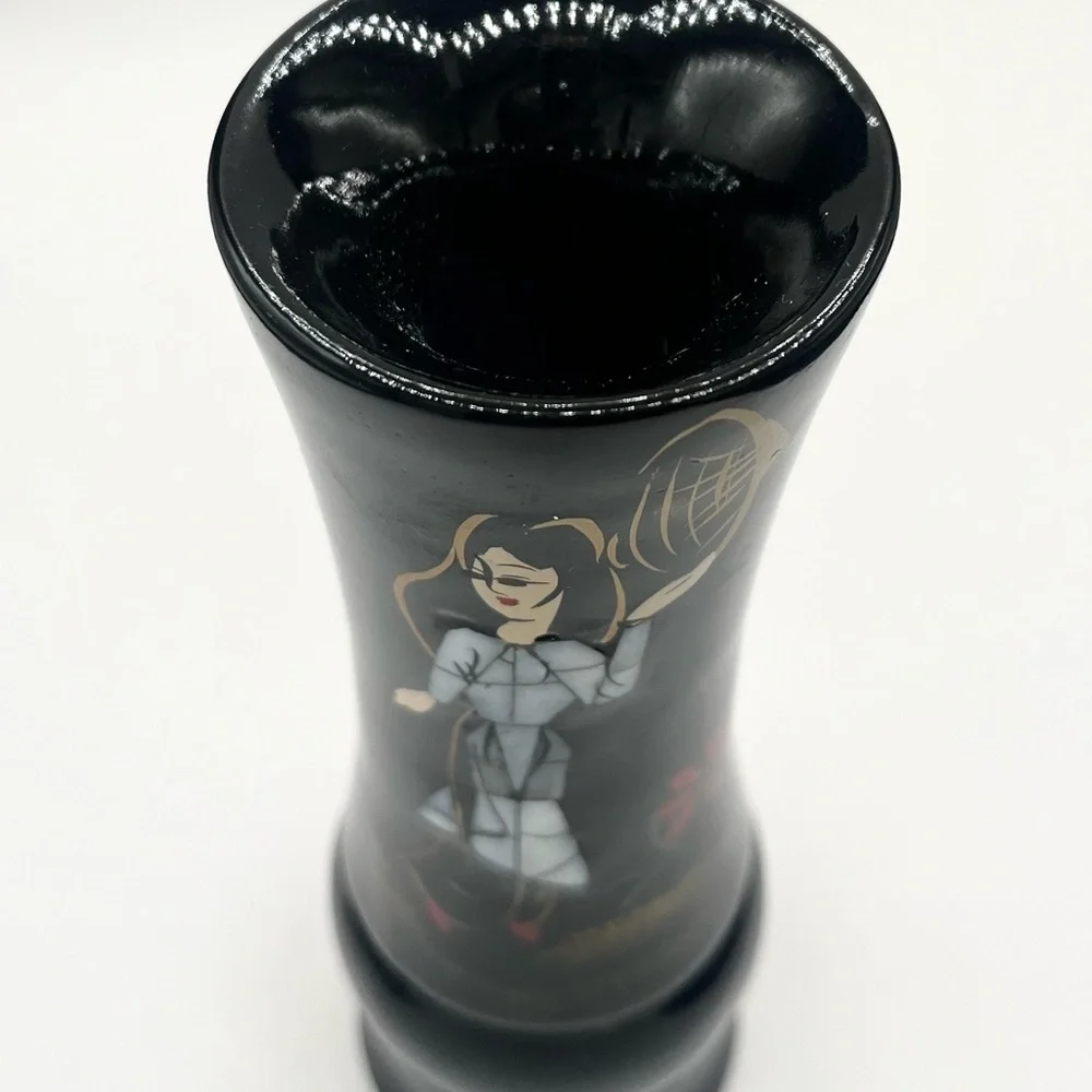 Vintage Vase Black Hand Painted Lacquer‎ Abalone Shell Inlay Fashion Women 7”